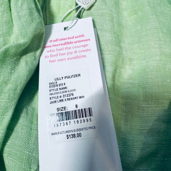Lilly Pulitzer Maleigh Linen Top Jade Lime Resort Elbow Sleeve Size 8 NWT - Picture 7 of 9